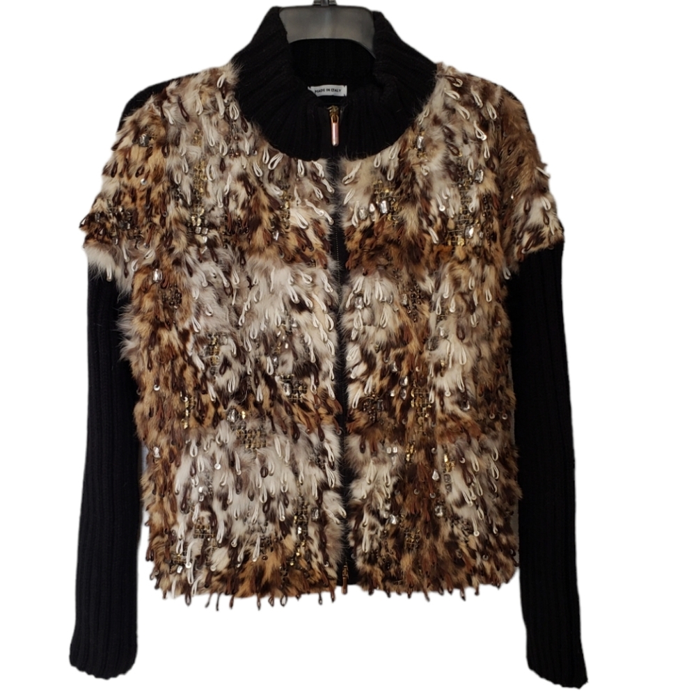 Giuliana Teso Fur Rhinestone Embellished Ribbed Wool Jacket Size 42/Large